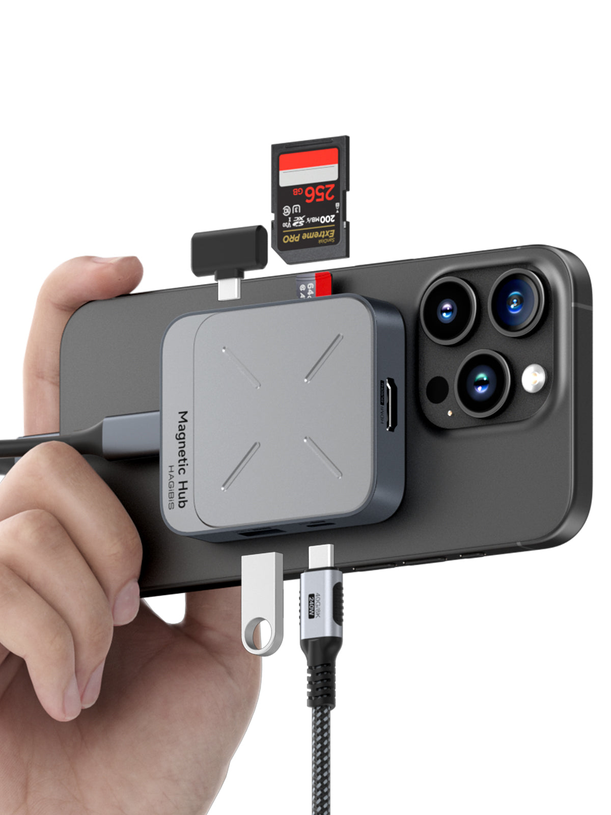 ハギビス磁気USB Cハブ Magsafe付き iPhone 16 15 Pro Max用 7イン1 Type-C ドッキングステーション 4K@60Hz HDMI SD3.0 TF3.0カード Solt 100W PD 10Gbps USB-C AUX MacBook Pro Air iPad Pro用