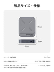ハギビス磁気USB Cハブ Magsafe付き iPhone 16 15 Pro Max用 7イン1 Type-C ドッキングステーション 4K@60Hz HDMI SD3.0 TF3.0カード Solt 100W PD 10Gbps USB-C AUX MacBook Pro Air iPad Pro用