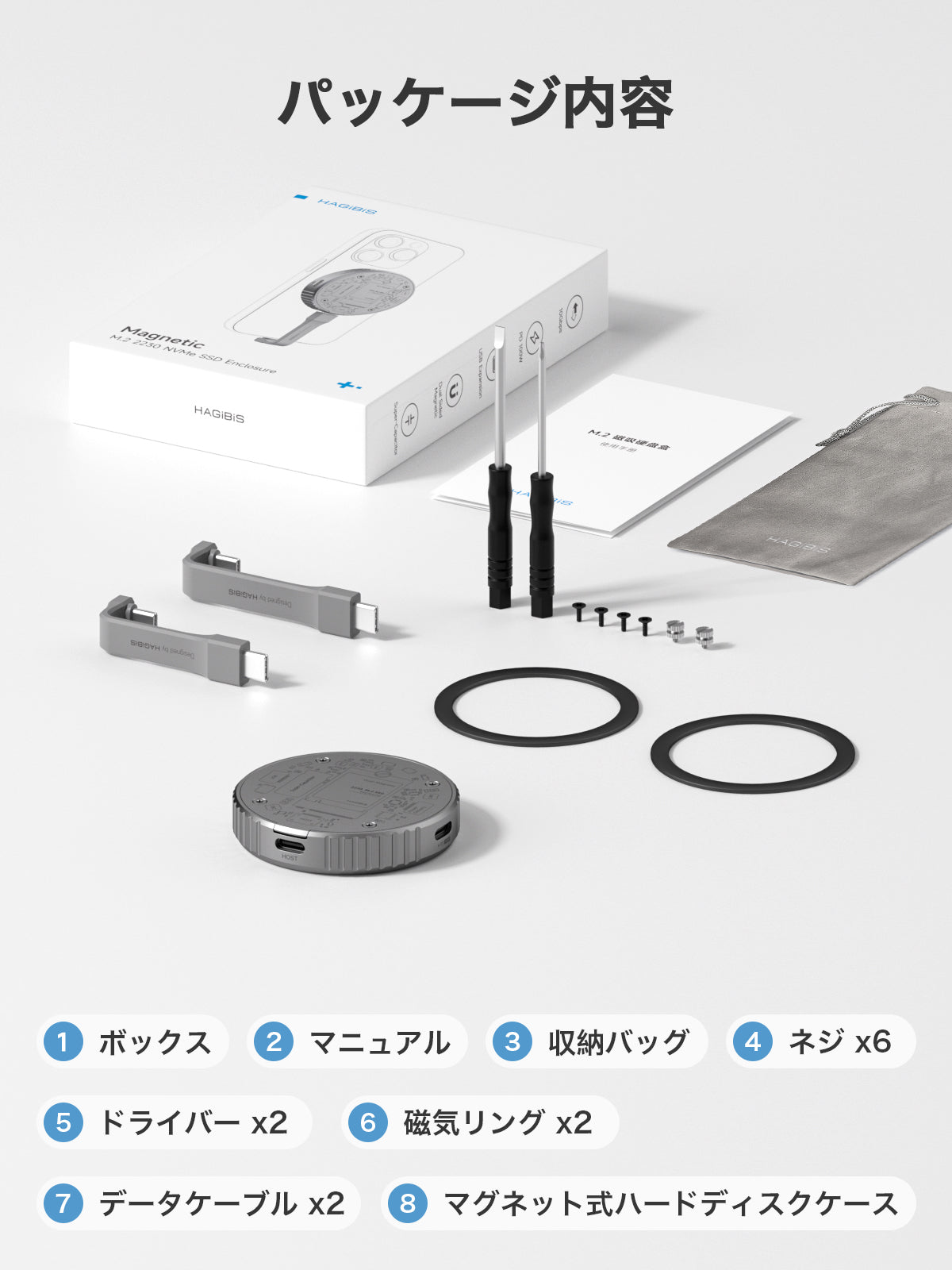 Hagibis 磁気M.2 2230 NVMe SSD外付け Magsafe付き 外付けSSDケース iPhone 15 Pro Max ProRes USB C 3.2 Gen2 Type-C 10Gbps - NVMe PCI-Eアダプター アルミニウム（MC100pro）