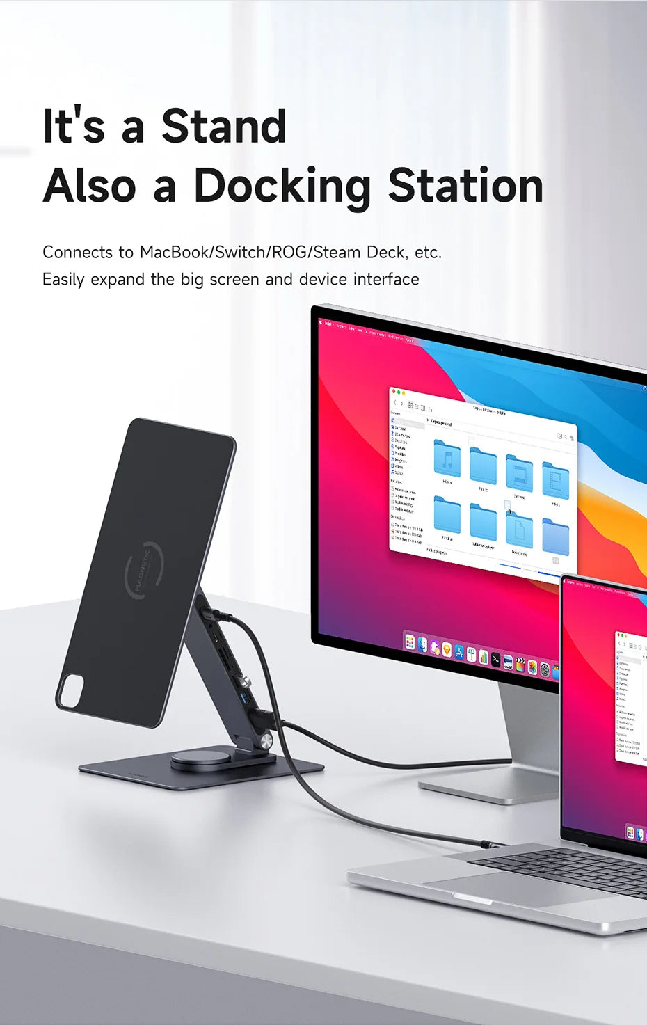 Hagibis Magnetic Stand for iPad Pro M4 2024 11inch 13inch with Hub Tablet Docking Station 360° Adjustable Mount Foldable Holder - Intechlegent