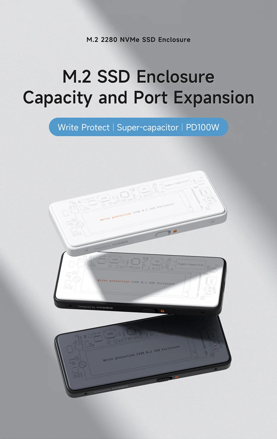 Hagibis M.2 NVMe SSDエンクロージャ 書き込み保護 USB C 3.2 Gen2 - NVMe PCI-E M.2 SSDケース 100W PD付き iPhone 16 15 Pro MacBook用
