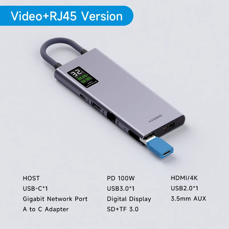 Hagibis USB C Hub With LCD Display Type C Multiport Adapter 4K HDMI-Compatible 100W PD Gigabit Ethernet For Macbook Pro iPad HP - Intechlegent