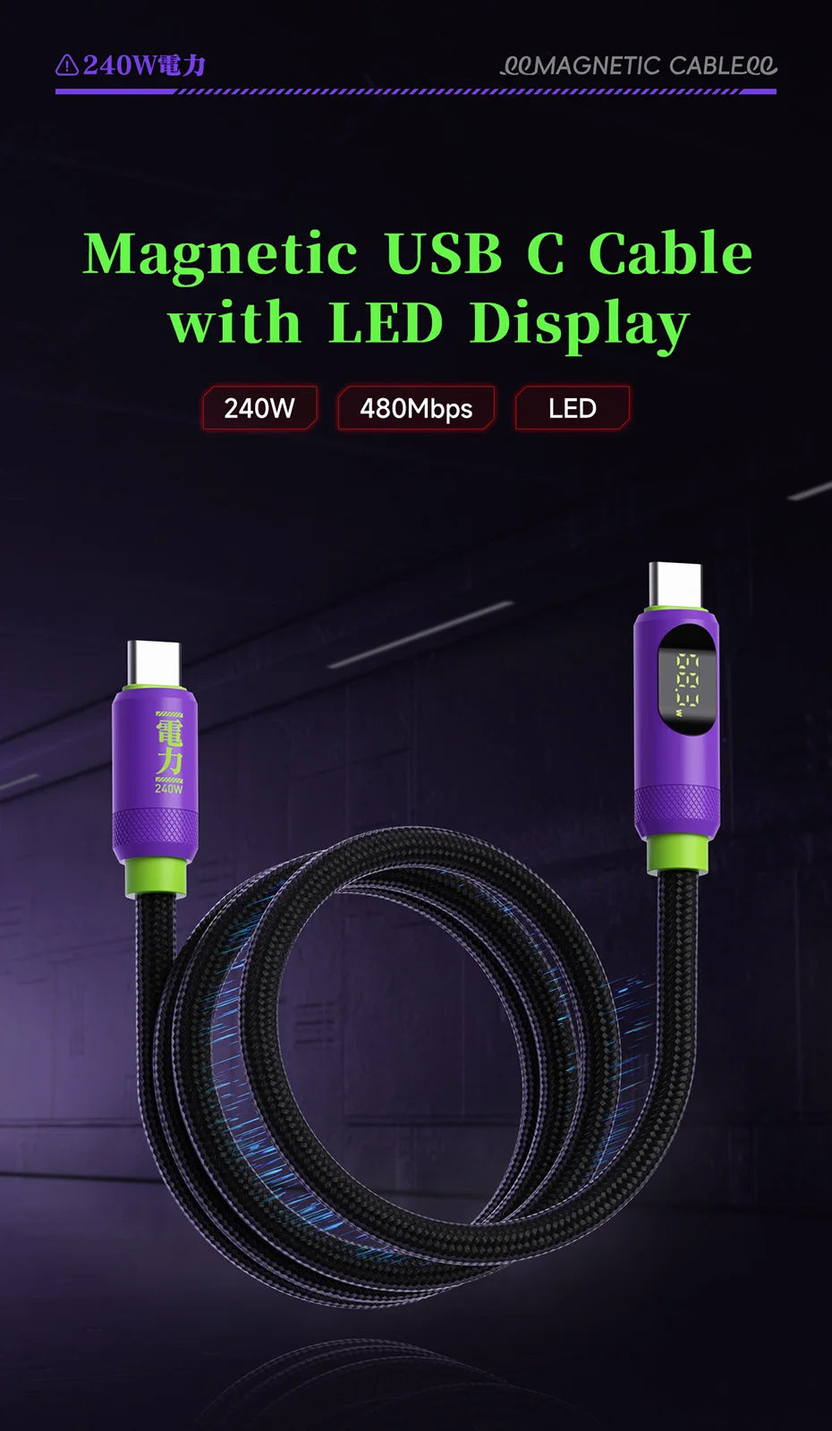 Hagibis Magnetic USB C to USB C Cable With LED Display USB C Charger Cable Type-c PD 240W Fast Charging Cord For iPhone 16/15 - Intechlegent