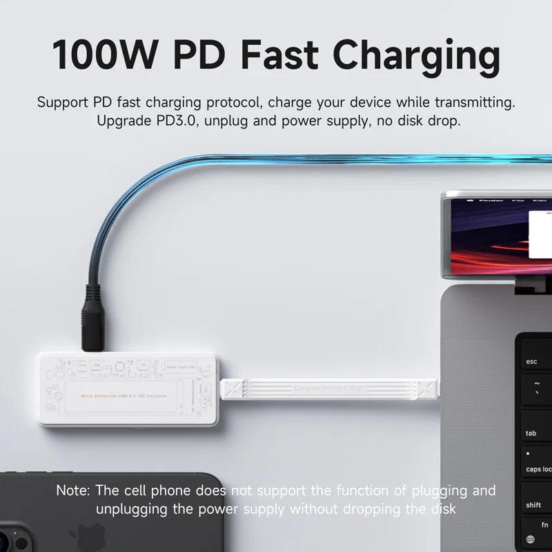 Hagibis M.2 NVMe SSDエンクロージャ 書き込み保護 USB C 3.2 Gen2 - NVMe PCI-E M.2 SSDケース 100W PD付き iPhone 16 15 Pro MacBook用