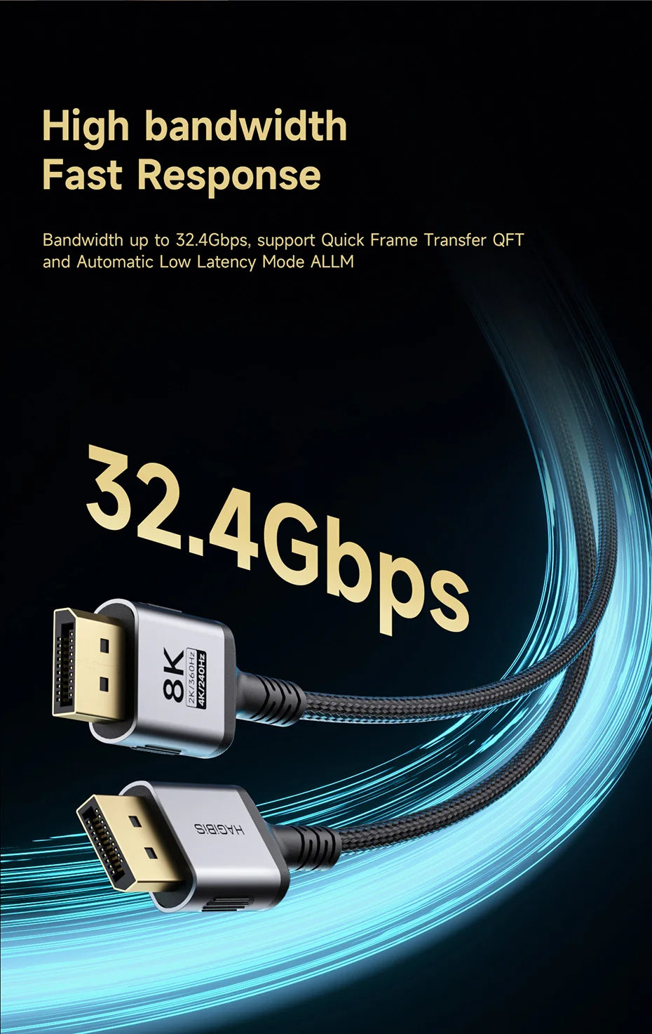 Hagibis 8K DisplayPort Cable 1.4 High Refresh Rate DP Cable 8K@60Hz  4K@240Hz 2K@360Hz for Gaming Monitor Graphics Card PC TV - Intechlegent