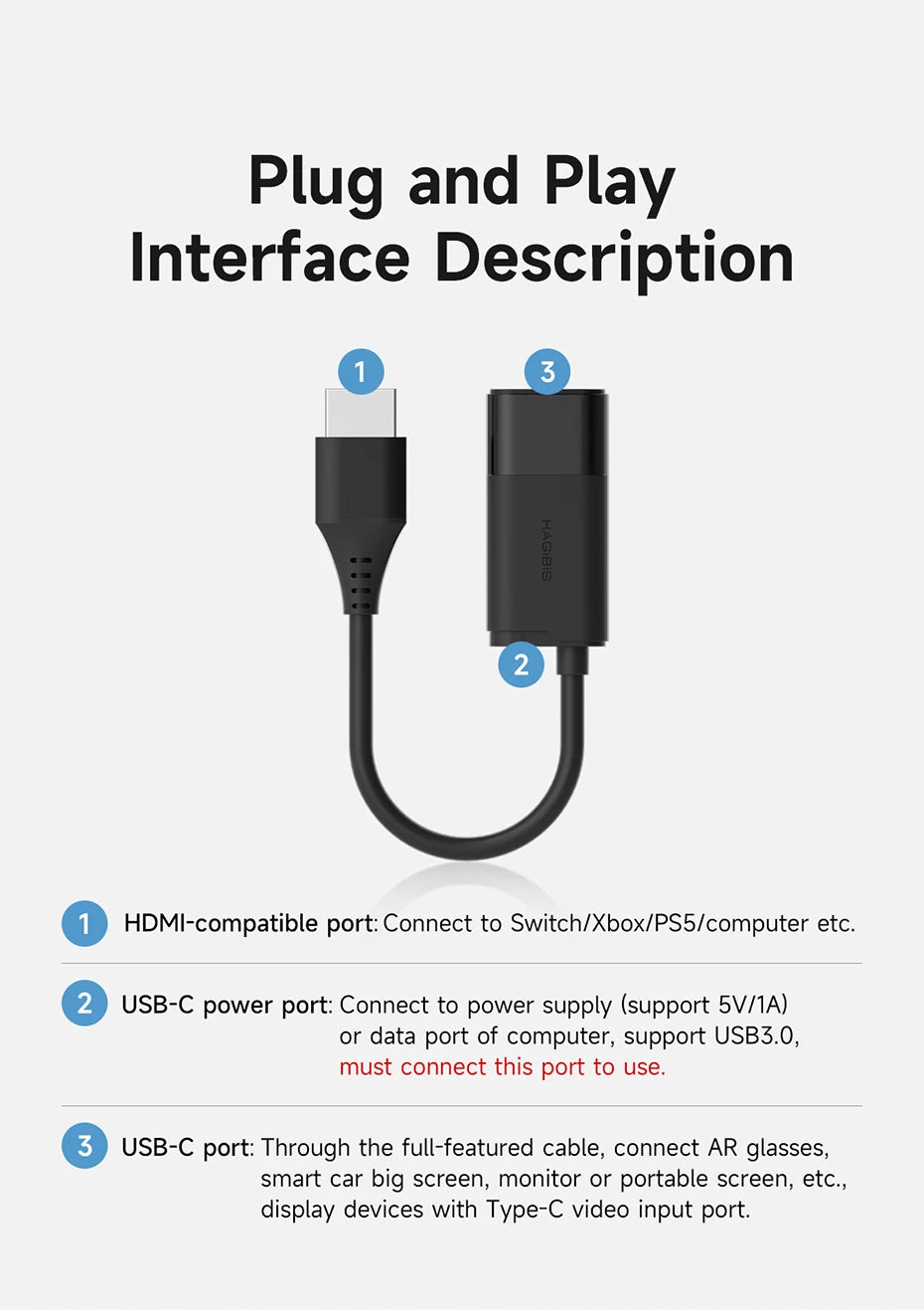 Hagibis HDMI to USB C Female Converter HDMI to  AR Glasses Adapter Charge and Play For Switch PS5 Xbox Rokid/Xreal/Thunderbird - Intechlegent