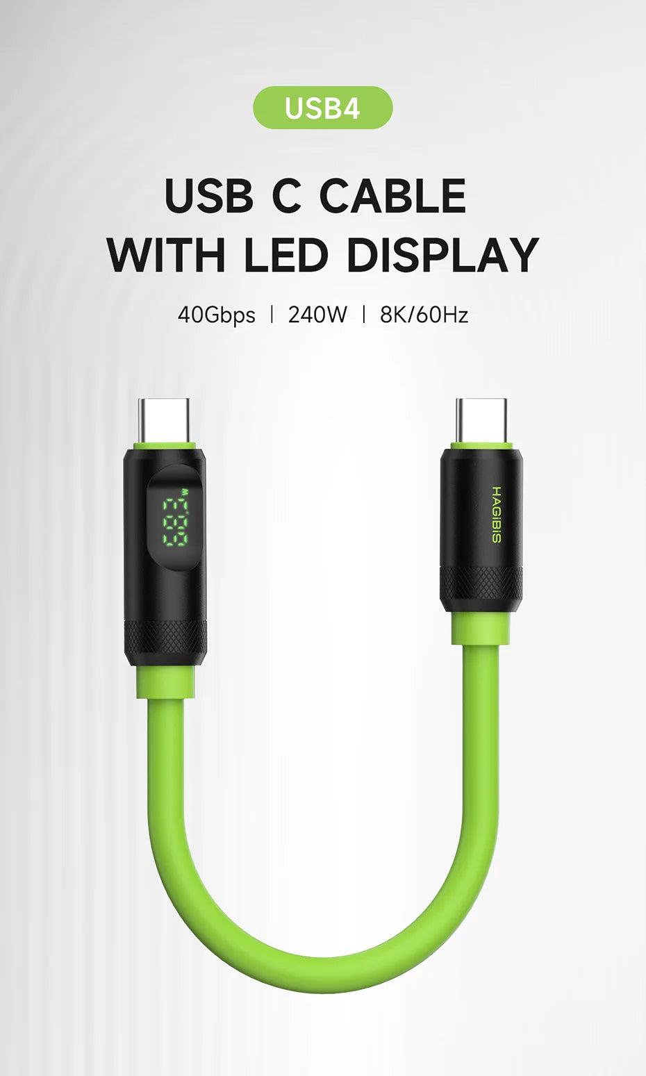 Hagibis Short USB C to USB C Cable PD 240W 40Gbps Fast Charging Cord With LED Display Compatible with Thunderbolt 4/3 iPhone 16 - Intechlegent