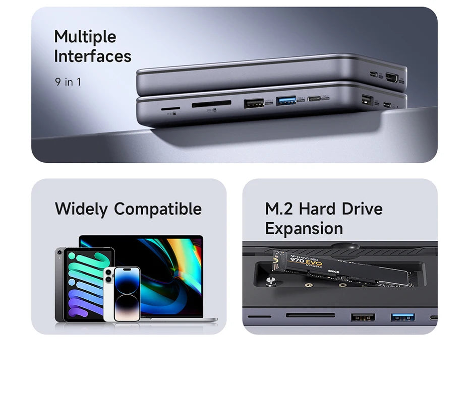 Hagibis 9 in 1 USB C ハブ、M.2 NVMe/SATA SSD エンクロージャ、4K HDMI 対応 100W PD USB 3.1 ドッキングステーション、Windows/Mac OS 対応