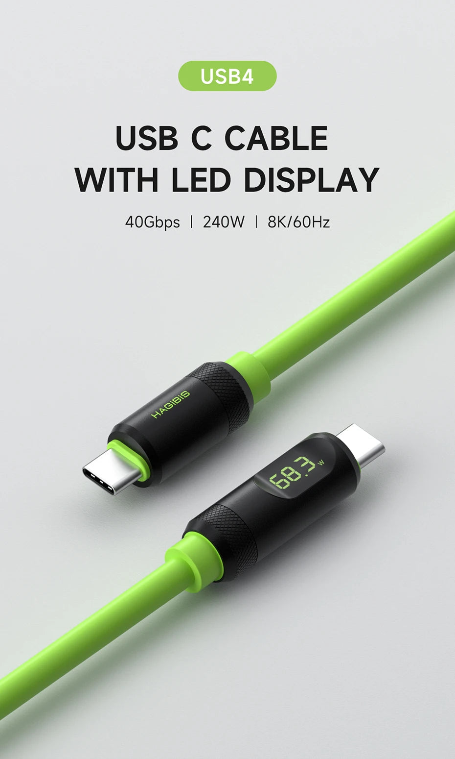 Hagibis USB C Fast Charger Cable With LED Display PD 240W 40Gbps Video Cord Compatible with Thunderbolt 4/3 For iPhone 16 Laptop - Intechlegent