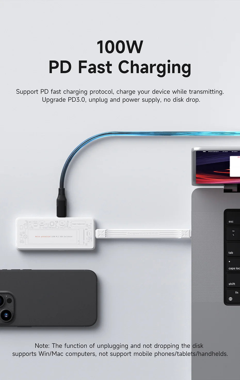 Hagibis M.2 NVMe SSDエンクロージャ 書き込み保護 USB C 3.2 Gen2 - NVMe PCI-E M.2 SSDケース 100W PD付き iPhone 16 15 Pro MacBook用