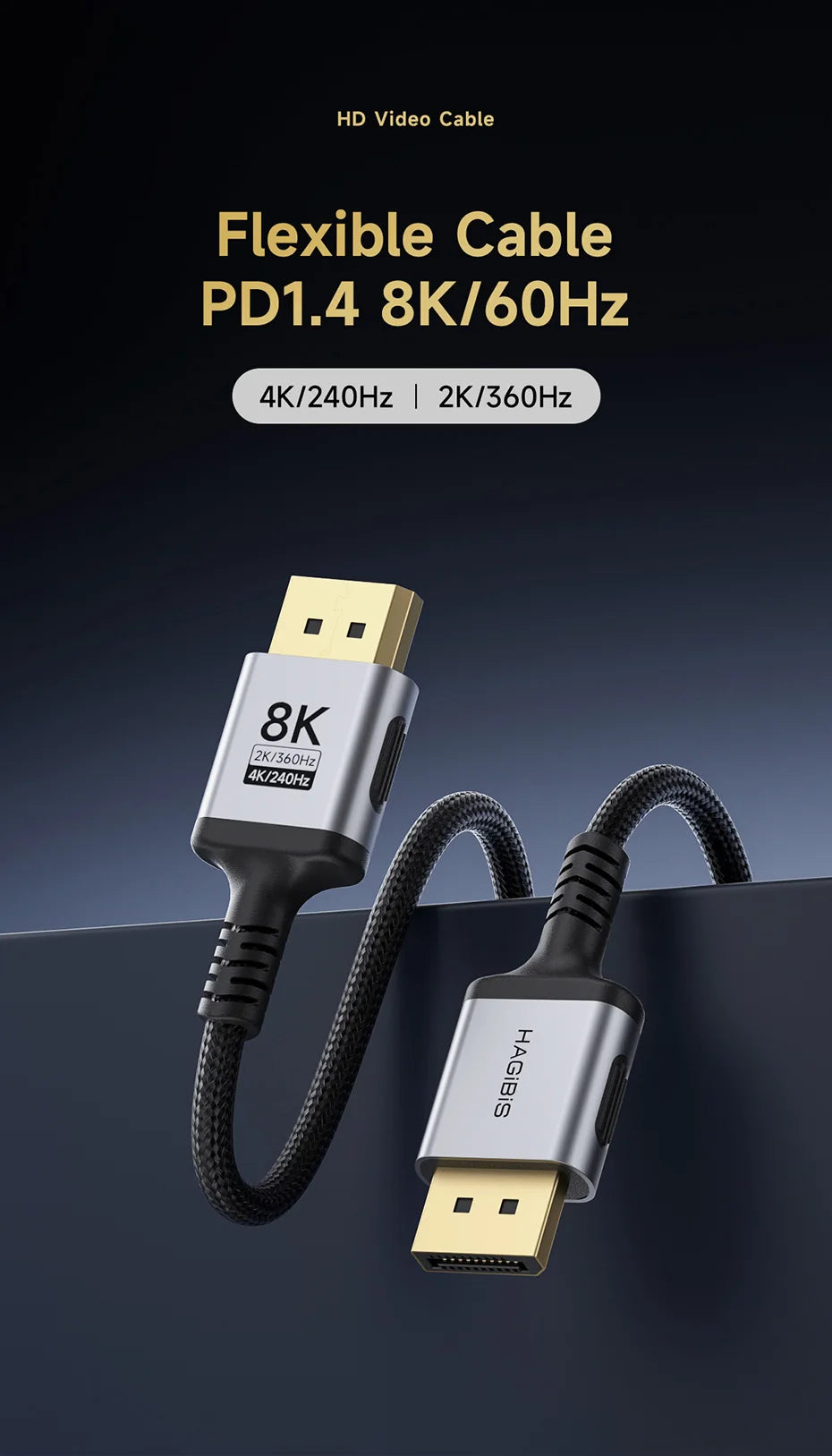 Hagibis 8K DisplayPort Cable 1.4 High Refresh Rate DP Cable 8K@60Hz  4K@240Hz 2K@360Hz for Gaming Monitor Graphics Card PC TV - Intechlegent
